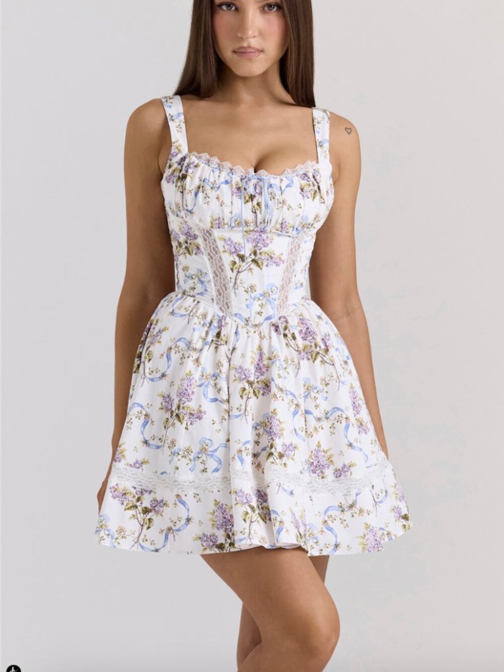 House of CB Kimmie White Floral Ribbon Cotton Mini Dress S Regular Cup